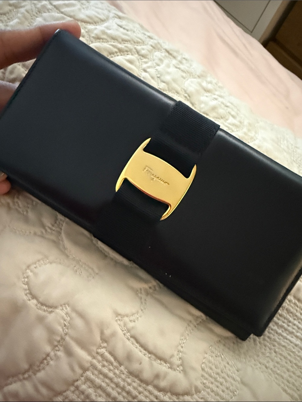 Salvatore Ferragamo Black Leather Clutch with Gold Vara-Style Hardware